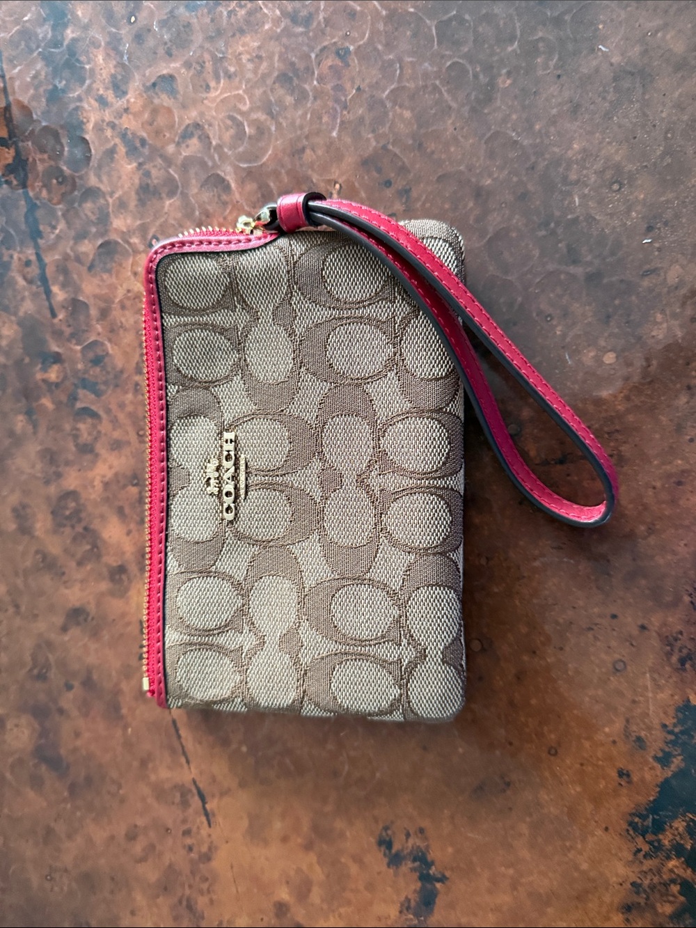 Coach Signature C Jacquard Canvas Wristlet with Red Trim